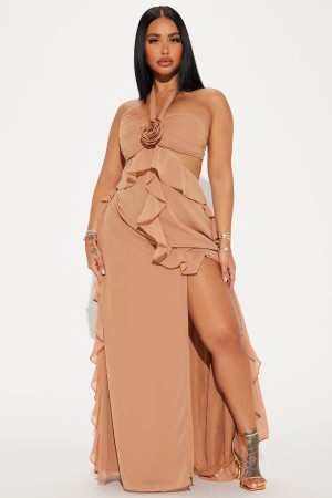 Beige Fashion Nova Ameliah Chiffon Maxi Women Dress USA | 619073JSB