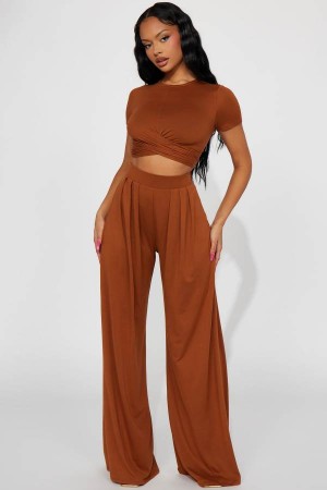 Beige Fashion Nova Casually Chic Wide Leg Pant Set Women Pants USA | 843926VDP