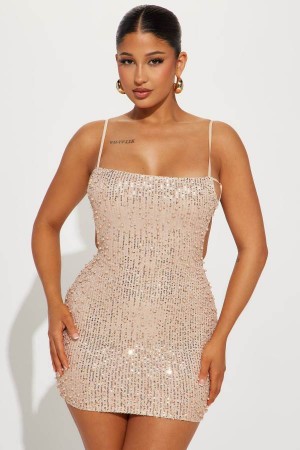 Beige Fashion Nova Emily Sequin Mini Women Dress USA | 098265GZK