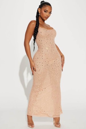 Beige Fashion Nova Katalina Rhinestone Mesh Maxi Women Dress USA | 379185FTK