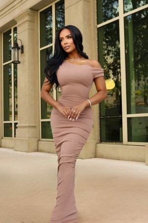 Beige Fashion Nova Kelli Snatched Maxi Women Dress USA | 791620CKM