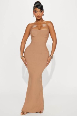 Beige Fashion Nova Sabrina Strapless Maxi Women Dress USA | 765931CVT