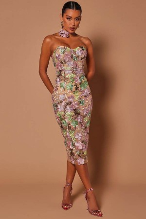 Beige Fashion Nova Tiana Floral Midi Women Dress USA | 231609HVJ