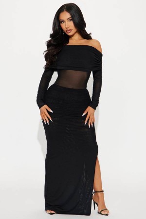 Black Fashion Nova Adeline Mesh Maxi Women Dress USA | 962780ZGY