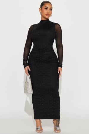 Black Fashion Nova All That Glimmer Mesh Maxi Women Dress USA | 159836IJF