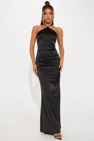 Black Fashion Nova Amelia Satin Maxi Women Dress USA | 623418BXK