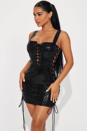 Black Fashion Nova Anastasia Lace Up Micro Mini Women Dress USA | 705183IBE