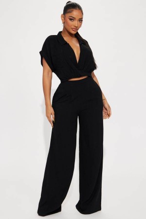 Black Fashion Nova Andrea Linen Pant Set Women Pants USA | 812637IKA