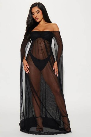 Black Fashion Nova Angelica Mesh Maxi Women Dress USA | 918205MOT