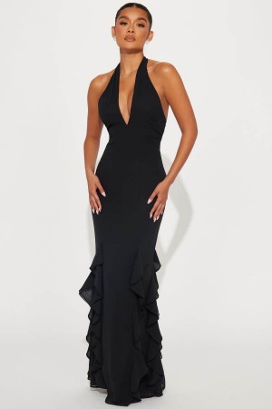 Black Fashion Nova Anna Ruffle Maxi Women Dress USA | 583724KWR