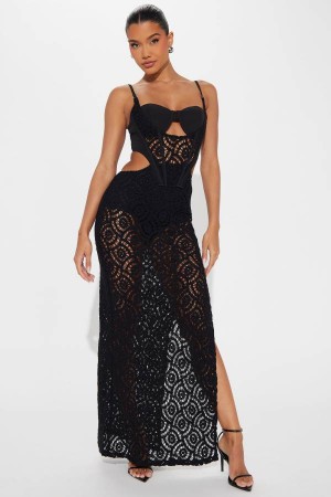 Black Fashion Nova Attina Crochet Maxi Women Dress USA | 062391CXD