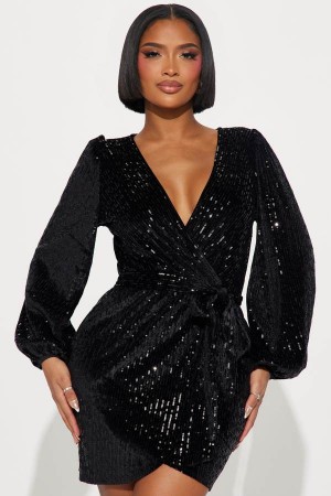 Black Fashion Nova Ava Sequin Mini Women Dress USA | 527481FLD