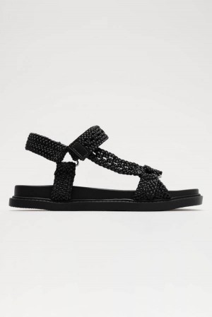 Black Fashion Nova Ava Woven Strappy Flat Women Sandals USA | 536194WPC