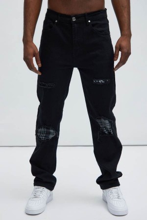 Black Fashion Nova Back Up Ripped Patched Slim Men Jeans USA | 258197NBP