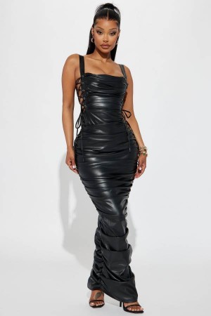 Black Fashion Nova Berlin Queen Faux Leather Maxi Women Dress USA | 671908PLY