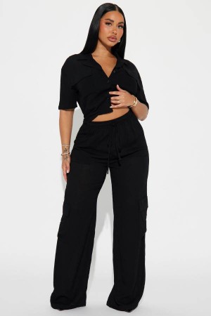 Black Fashion Nova Breezy Paradise Linen Cover Up Cargo Set Women Pants USA | 892563EKW