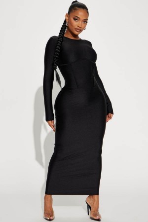 Black Fashion Nova Brooke Long Sleeve Maxi Women Dress USA | 670945SVW