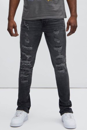 Black Fashion Nova Come At Me Ripped Stacked Skinny Zipper Flare Men Jeans USA | 179384HMA