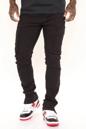 Black Fashion Nova Daily Stacked Cargo Men Jeans USA | 891453UYL