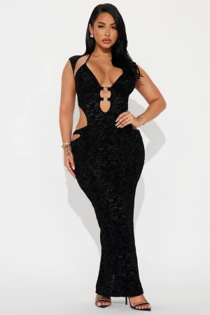 Black Fashion Nova Daredevil Mesh Maxi Women Dress USA | 582641HOT