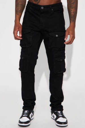 Black Fashion Nova Dirty Ways Stacked Cargo Skinny Men Jeans USA | 218740VED