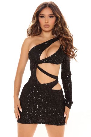 Black Fashion Nova Disco Club Sequin Mini Women Dress USA | 107865BQU