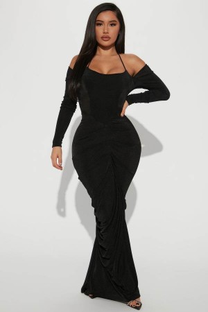 Black Fashion Nova Drop A Check Slinky Maxi Women Dress USA | 346059UNP