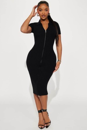 Black Fashion Nova Eden Ribbed Midi Women Dress USA | 986570RQP