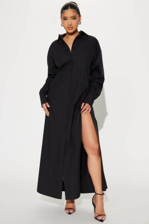 Black Fashion Nova Eleanor Shirt Maxi Women Dress USA | 689074UEW