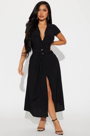 Black Fashion Nova Elise Button Up Midi Women Dress USA | 208134JWM