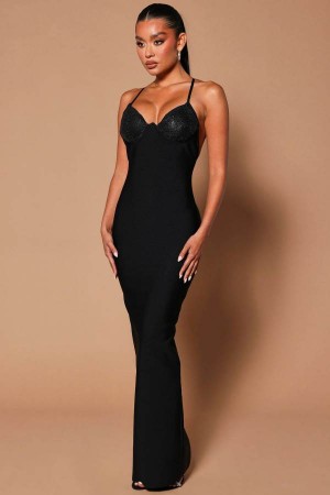 Black Fashion Nova Embellished Maxi Women Dress USA | 730149OYT