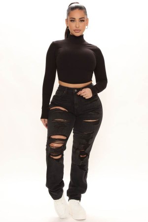 Black Fashion Nova Favorite Getaway Destroyed Straight Leg Women Jeans USA | 089541LHM