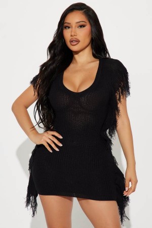 Black Fashion Nova Fay Fringe Knit Mini Women Dress USA | 396510BWC