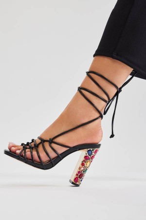 Black Fashion Nova Find Out Wrap Up Heeled Women Sandals USA | 483605MRS