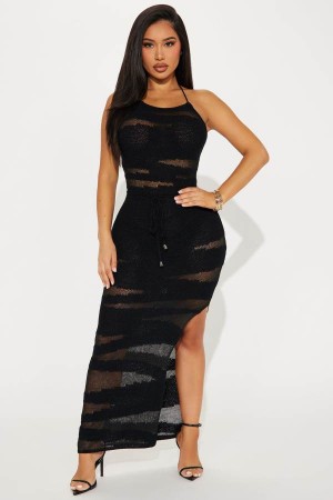 Black Fashion Nova Fiona Crochet Maxi Women Dress USA | 075914TJR