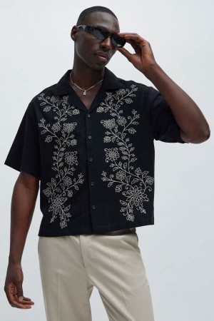 Black Fashion Nova Gardena Embroidered Men Shirts USA | 267085BQL