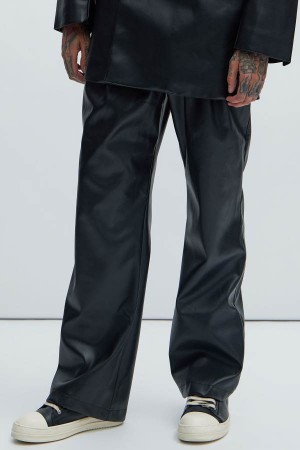 Black Fashion Nova Gelato Faux Leather Relaxed Flare Men Pants USA | 804675FKR