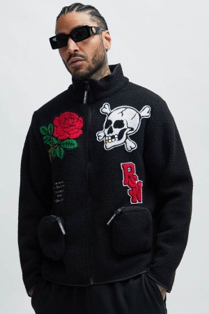 Black Fashion Nova Give Me My Flowers Fleece Men Jacket USA | 650431TOA