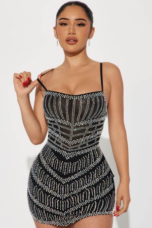 Black Fashion Nova Grace Embellished Mini Women Dress USA | 258416TCY