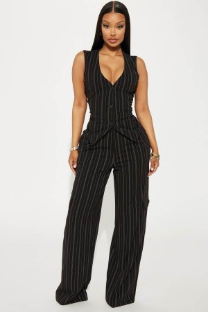 Black Fashion Nova Heidy Pinstripe Vest Pant Set Women Pants USA | 013258EBM