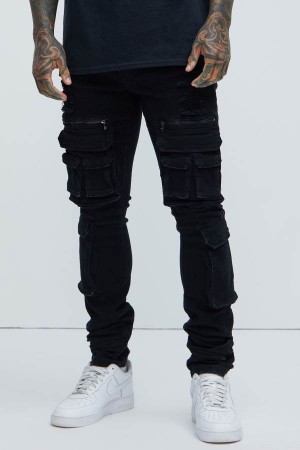 Black Fashion Nova Holy Ghost Stacked Skinny Cargo Men Jeans USA | 139276ITZ