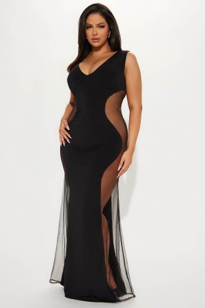 Black Fashion Nova Hourglass Mesh Maxi Women Dress USA | 017648QWB