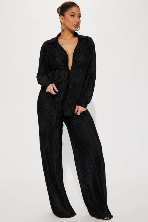 Black Fashion Nova If It Plisse You Pant Set Women Pants USA | 489761UZV