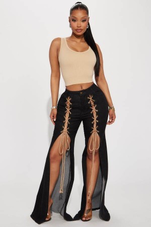 Black Fashion Nova Invested Stretch Lace Up Flare Women Jeans USA | 465301DLB