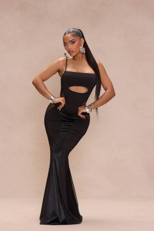 Black Fashion Nova Jolie Mesh Maxi Women Dress USA | 078562HOE