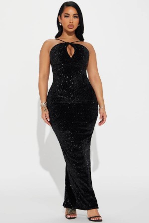 Black Fashion Nova Julie Sequin Maxi Women Dress USA | 649205MDP