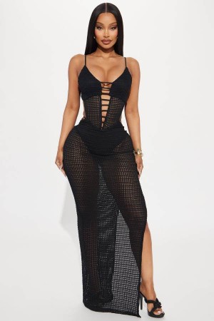 Black Fashion Nova Kaelyn Crochet Maxi Women Dress USA | 690172QCD