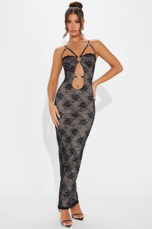 Black Fashion Nova Kai Lace Maxi Women Dress USA | 168572MCD