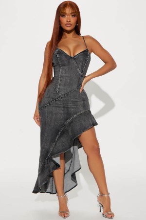 Black Fashion Nova Kendall Denim Midi Women Dress USA | 609538IAQ