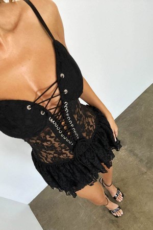 Black Fashion Nova Kira Lace Micro Mini Women Dress USA | 895671JLU